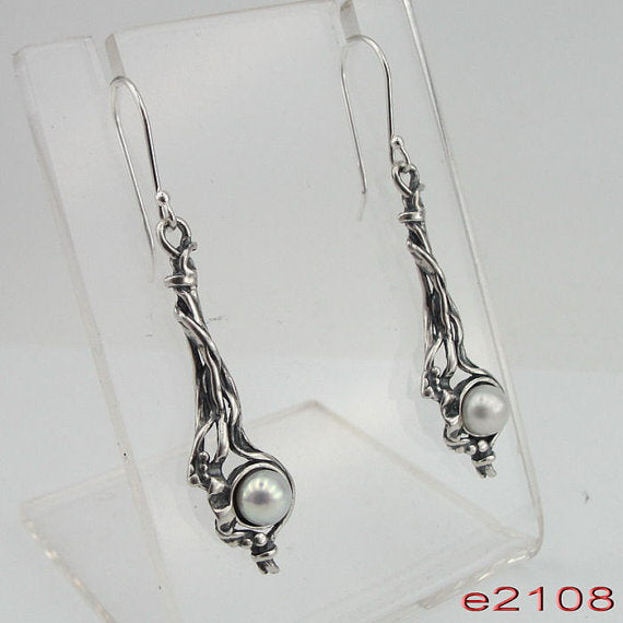 woman NEW israel made Long 925 Sterling Silver Cluster Pearl Earrings (e 2108)