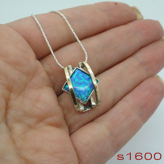 Blue opal pendant with Gold and Sterling Silver