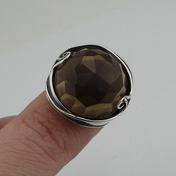 Large Round Smokey Topaz Sterling Silver Ring  (184)
