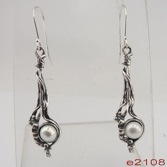 woman NEW israel made Long 925 Sterling Silver Cluster Pearl Earrings (e 2108)
