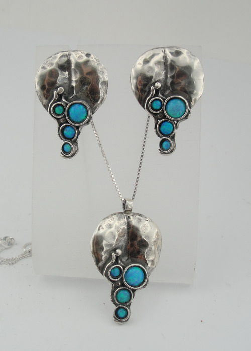 HADAR Israel Sterling Silver and Opal Handmade Leaf-Design Pendant & Earrings, Opal Jewelry Set , Opal silver Earrings, Opal Necklace, Gift
