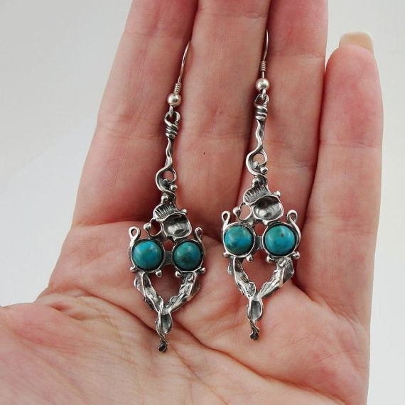 Hadar Designers Handmade Long Dangle 925 Sterling Silver Turquoise Earrings