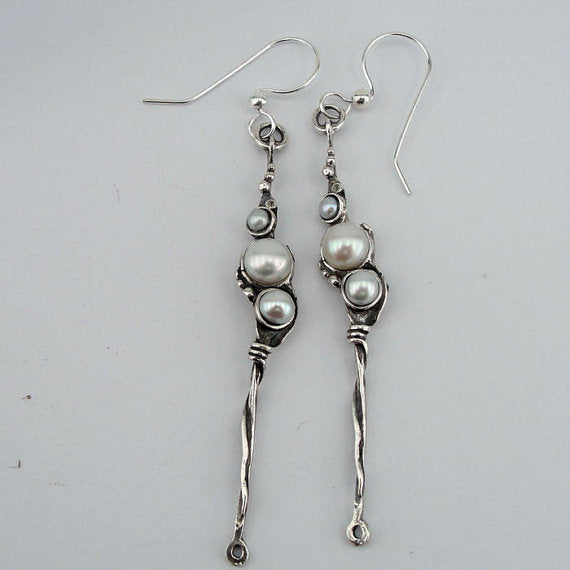 Hadar NEW Long Sterling Silver Pearl Earrings (H 2101)
