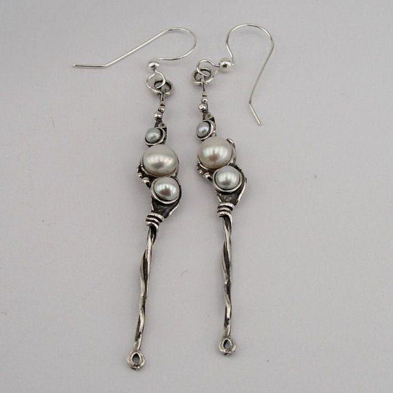 Hadar NEW Long Sterling Silver Pearl Earrings (H 2101)