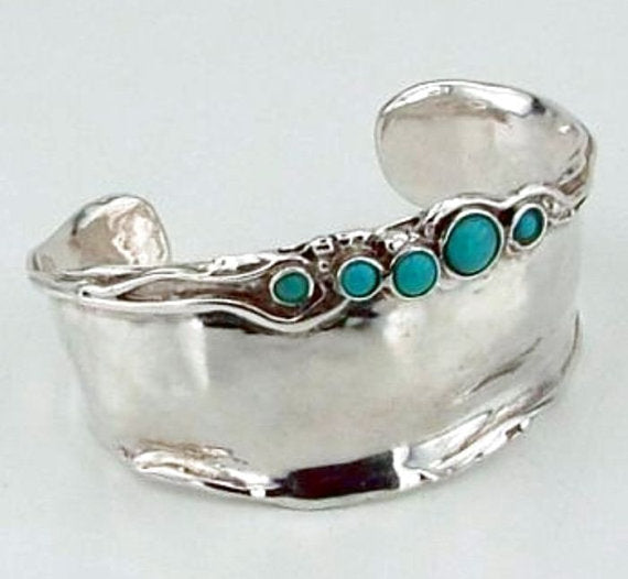 ISRAELI Turquoise Massive Wide 925 Sterling Silver Cuff Bracelet (h 396)