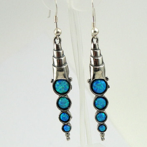 Dangle Sterling Silver Blue Mosaic Opal  Earrings Gift for Israeli Women