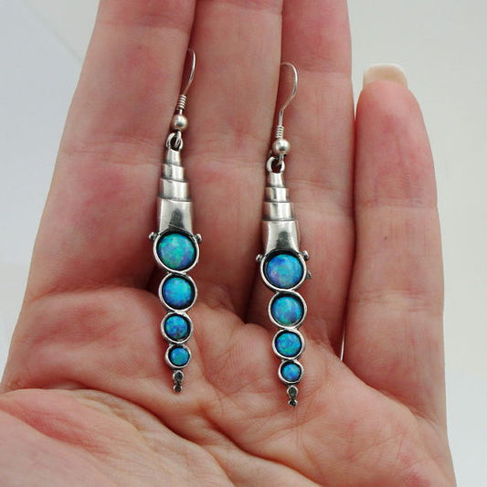 Dangle Sterling Silver Blue Mosaic Opal  Earrings Gift for Israeli Women