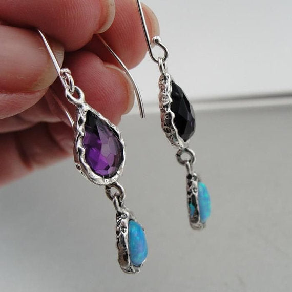 Hadar Jewelryl Handmade Gorgeous Silver Amethyst Opal Earrings (AS 41985