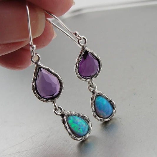 Hadar Jewelryl Handmade Gorgeous Silver Amethyst Opal Earrings (AS 41985