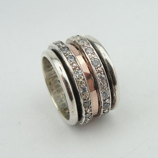 Israel design 9k yellow and rose Gold 925 Sterling Silver white cz Swivel Band Ring