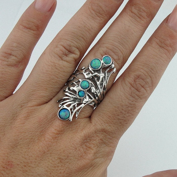 Stunning Long Sterling Silver Opal Ring (h 1588b