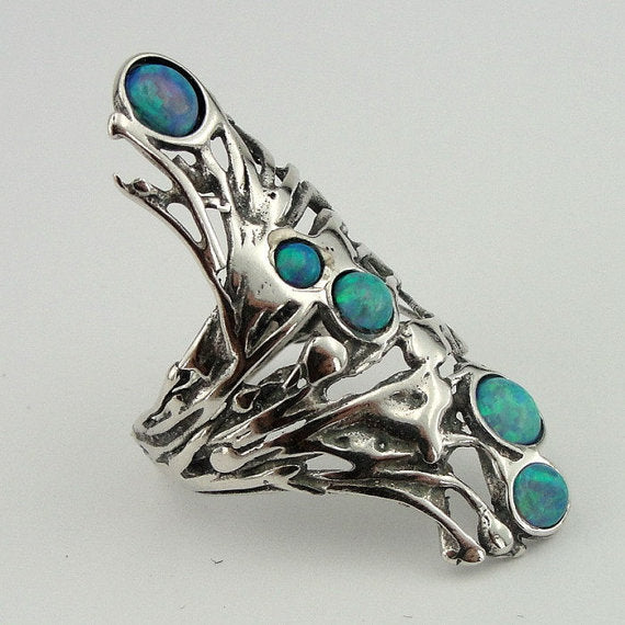 Stunning Long Sterling Silver Opal Ring (h 1588b