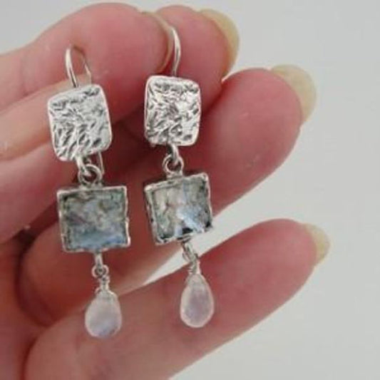 Roman Glass Sterling Silver Moonstone Earrings (as 376)