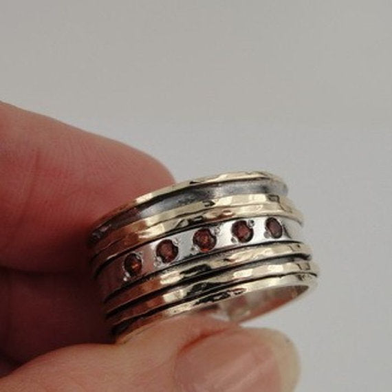 New Israel handmade Swivel Spin 925 sterling Silver 9k yellow Gold Garnet Ring 7.5 (I r95r)
