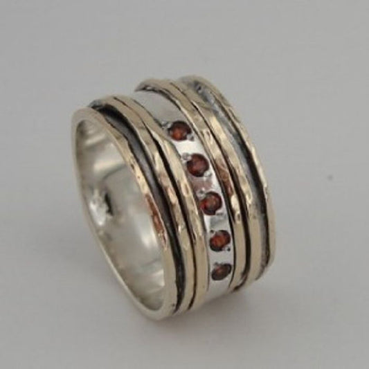 New Israel handmade Swivel Spin 925 sterling Silver 9k yellow Gold Garnet Ring