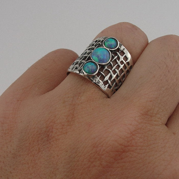 Opal ring, Sterling silver net textured ring