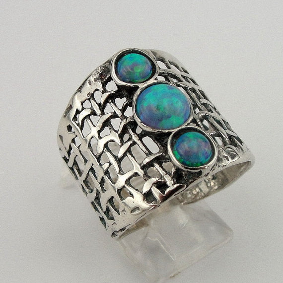 Opal ring, Sterling silver net textured ring