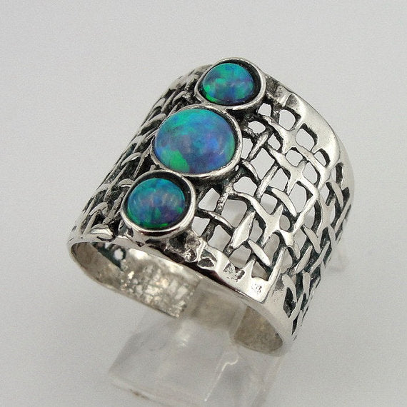 Opal ring, Sterling silver net textured ring