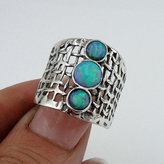 Opal ring, Sterling silver net textured ring