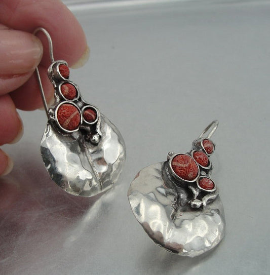 Hadar Jewelry Long Pomegranate Silver Earrings with Coral Gemstone