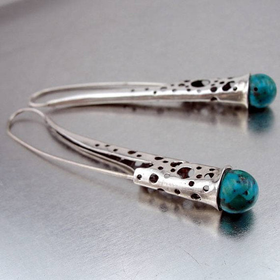 Hadar Jewelry Long Earring 925 Sterling with Silver Turquoise Earrings
