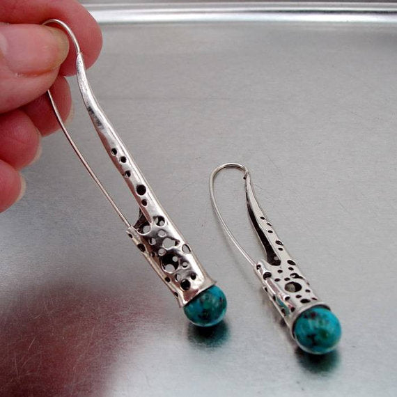 Hadar Jewelry Long Earring 925 Sterling with Silver Turquoise Earrings