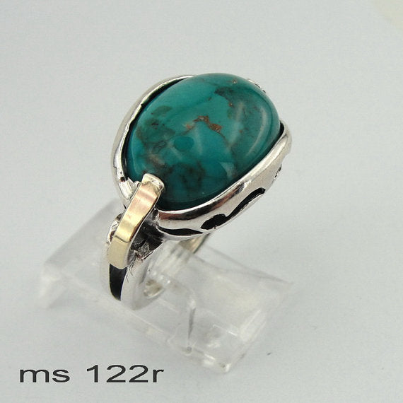 925 Turquoise ring, Handcrafted 9k yellow gold & 925 sterling Silver ring,