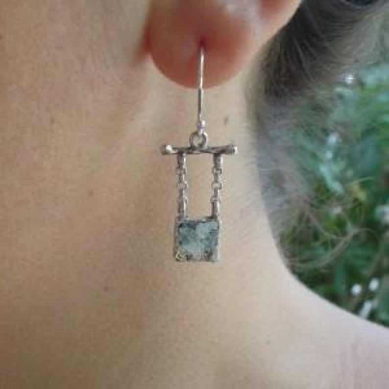 Sterling Silver and square Roman Glass dangles Earrings