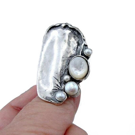 Sterling Silver Long Pearls Ring