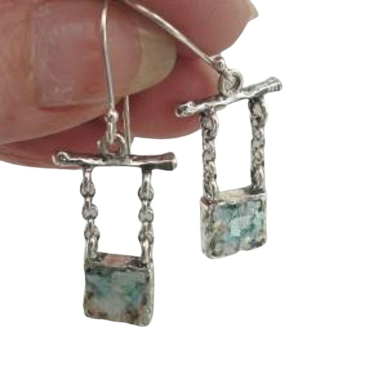 Sterling Silver and square Roman Glass dangles Earrings