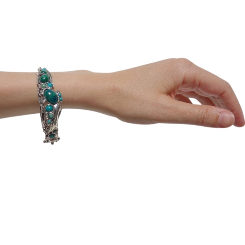 Sculptural sterling silver bracelet with Natural Turquoise Eilat gemstones