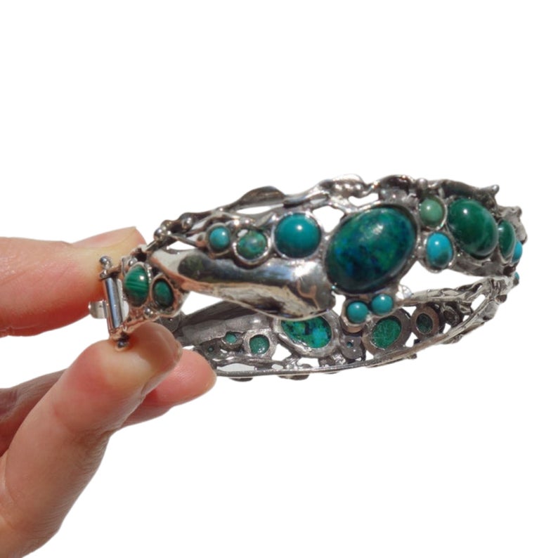 Sculptural sterling silver bracelet with Natural Turquoise Eilat gemstones