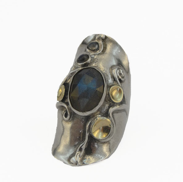 Labradorite Ring, Handmade 9K Yellow Gold 925 Sterling Silver Ring