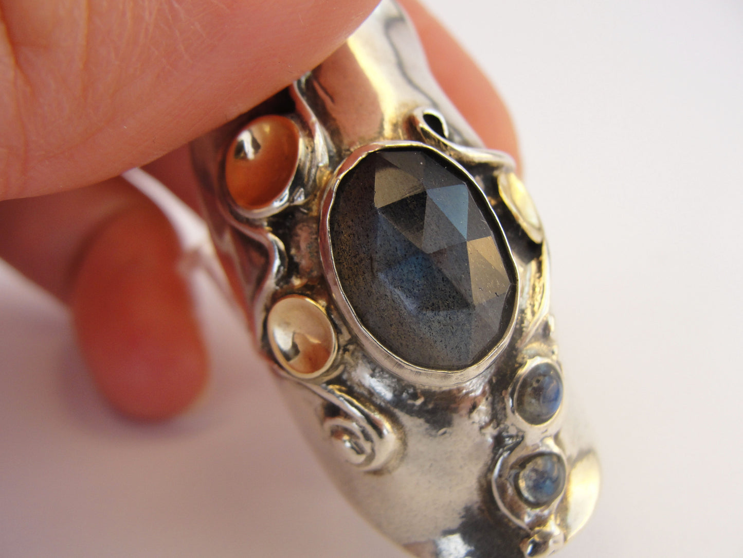 Labradorite Ring, Handmade 9K Yellow Gold 925 Sterling Silver Ring