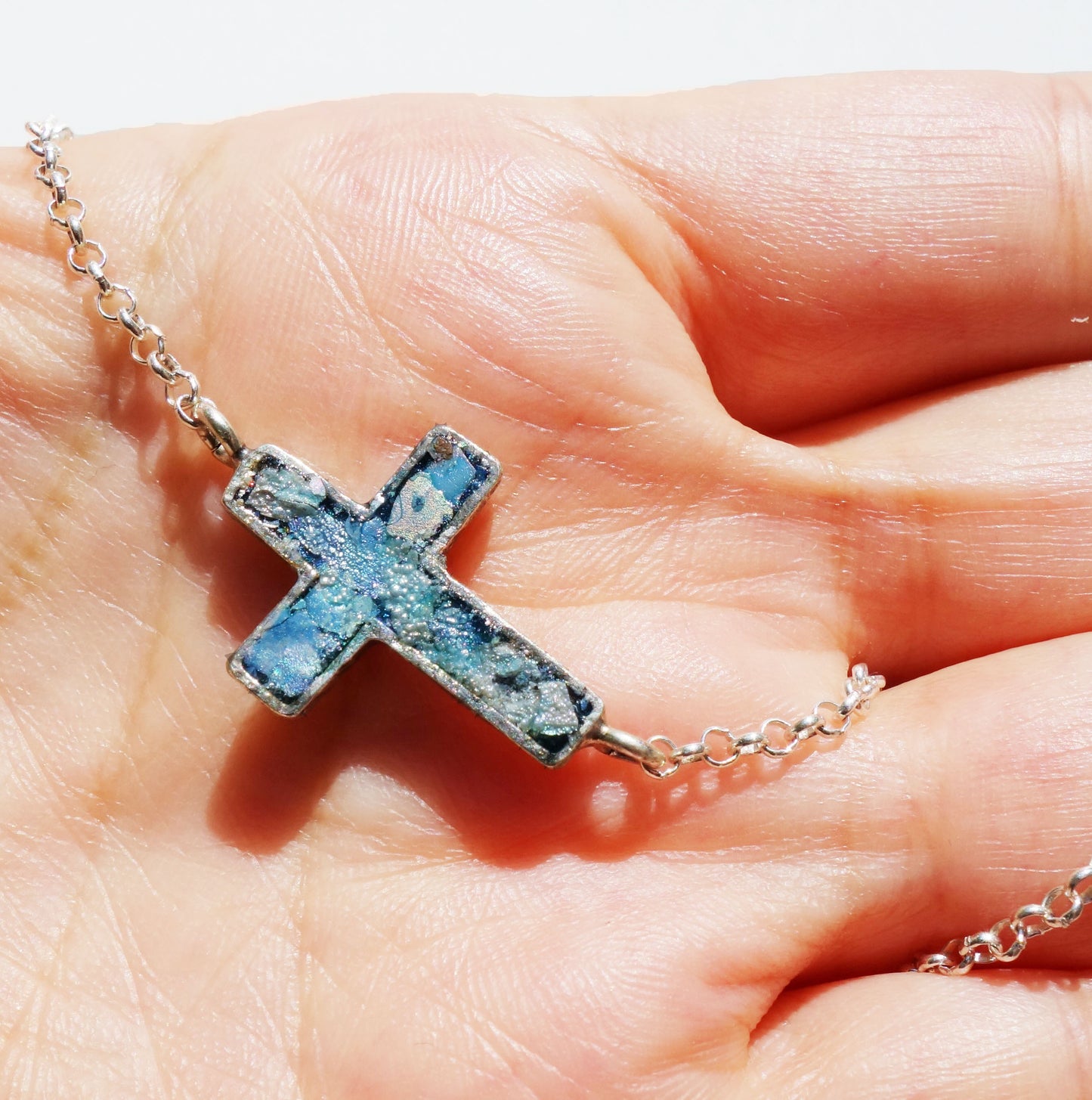 Roman Glass Cross, Sterling Silver Roman Glass Cross Pendant, Beautiful Christmas Gift For Women!