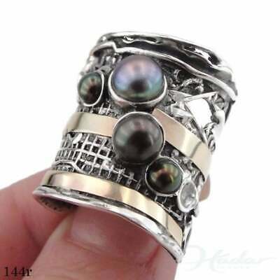 Genuine Black Pearls Ring, 9k Yellow Gold 925 Silver Black Pearls Ring