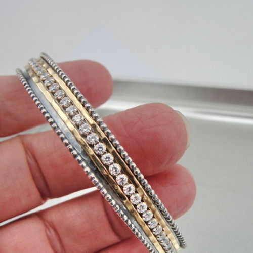 Hadar Designers Handmade 9k Yellow Gold 925 Silver Zircon Bangle Bracelet (SN1)y