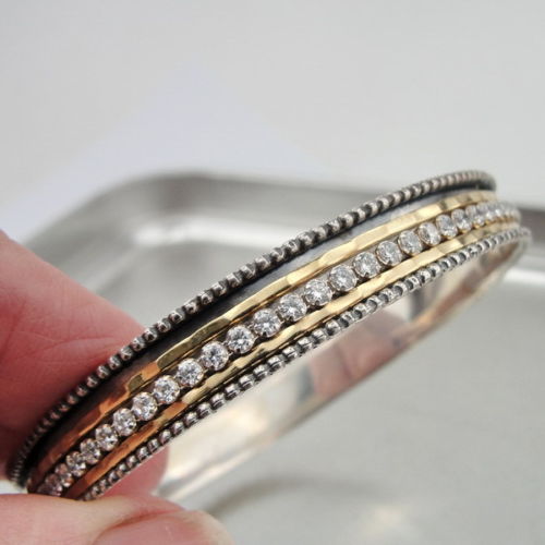 Hadar Designers Handmade 9k Yellow Gold 925 Silver Zircon Bangle Bracelet (SN1)y