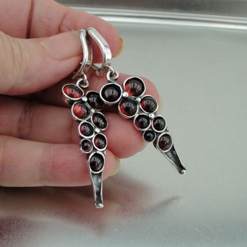 Hadar Designers Handmade Dangle Drop Sterling Silver Red Garnet Earrings