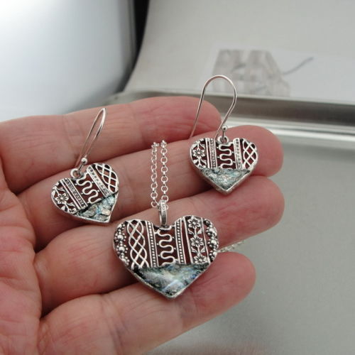 Sterling silver Roman Glass Heart Necklace Pendant Set