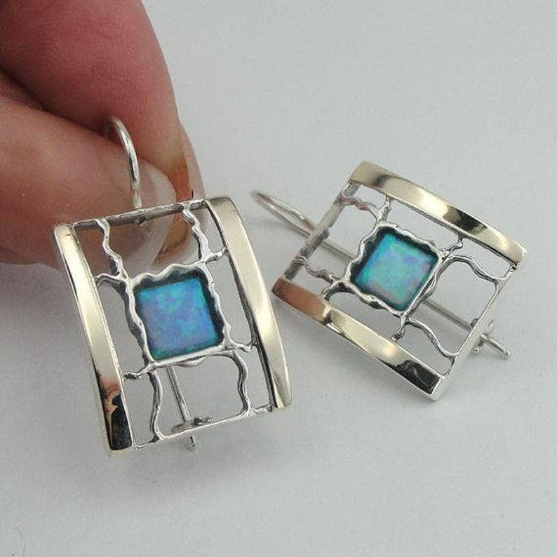 9k Gold & Sterling Silver With Opal Earrings