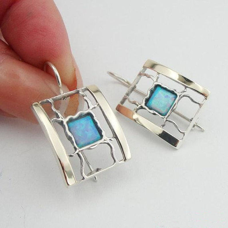 9k Gold & Sterling Silver With Opal Earrings