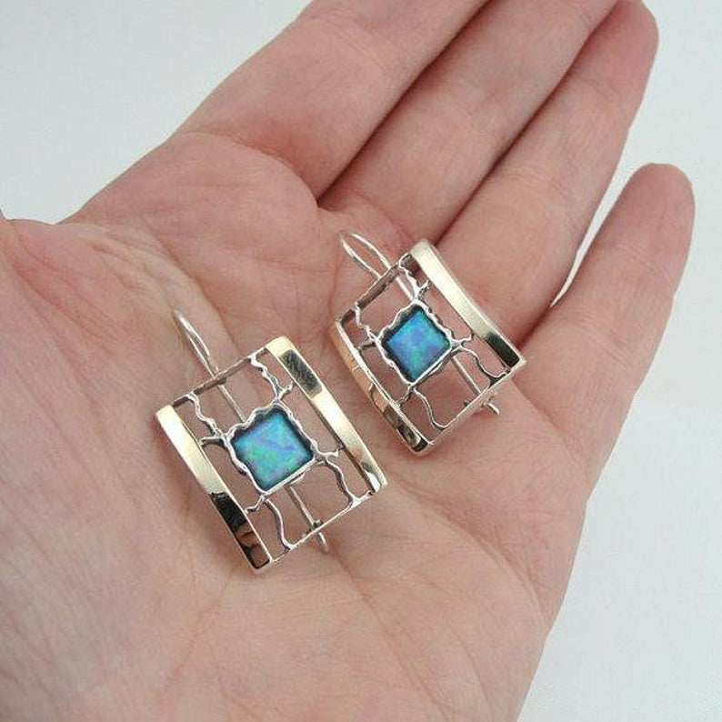 9k Gold & Sterling Silver With Opal Earrings