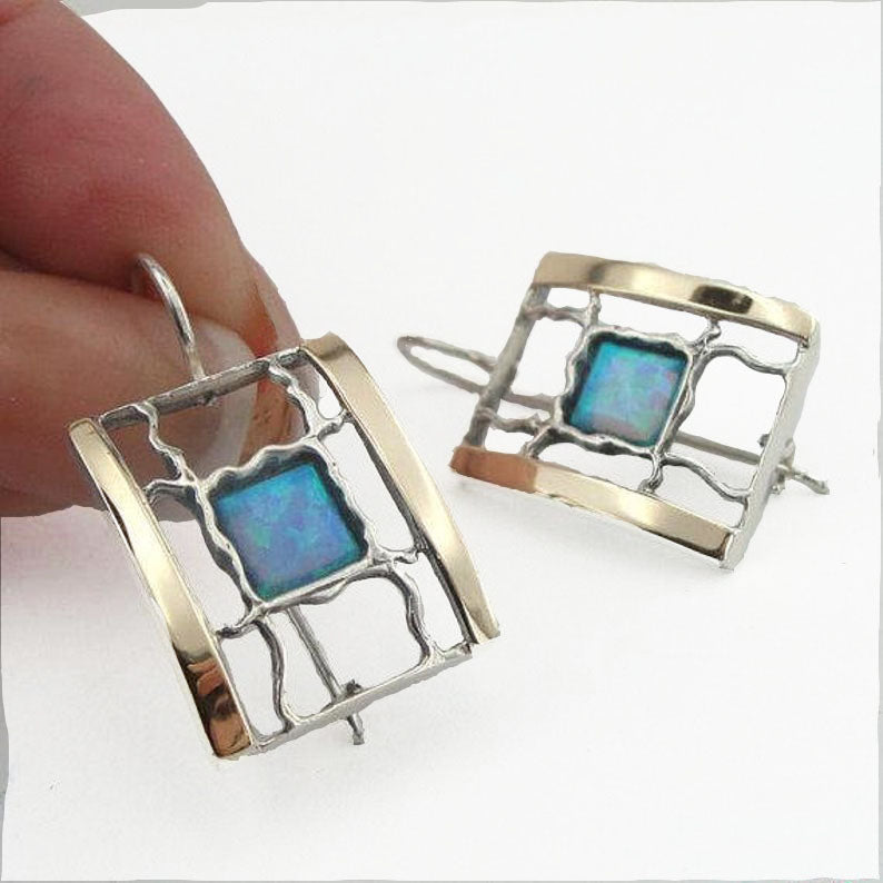 9k Gold & Sterling Silver With Opal Earrings