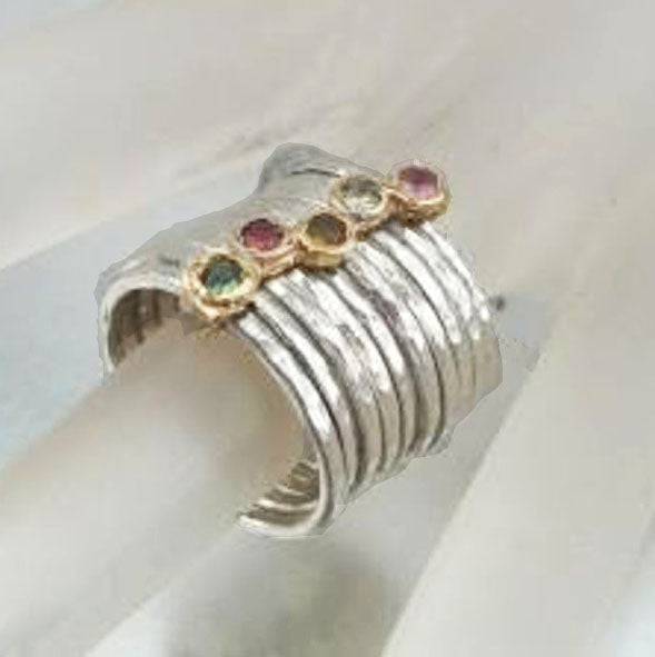Long Stackable 9k Yellow Gold 925 Silver Tourmaline Ring